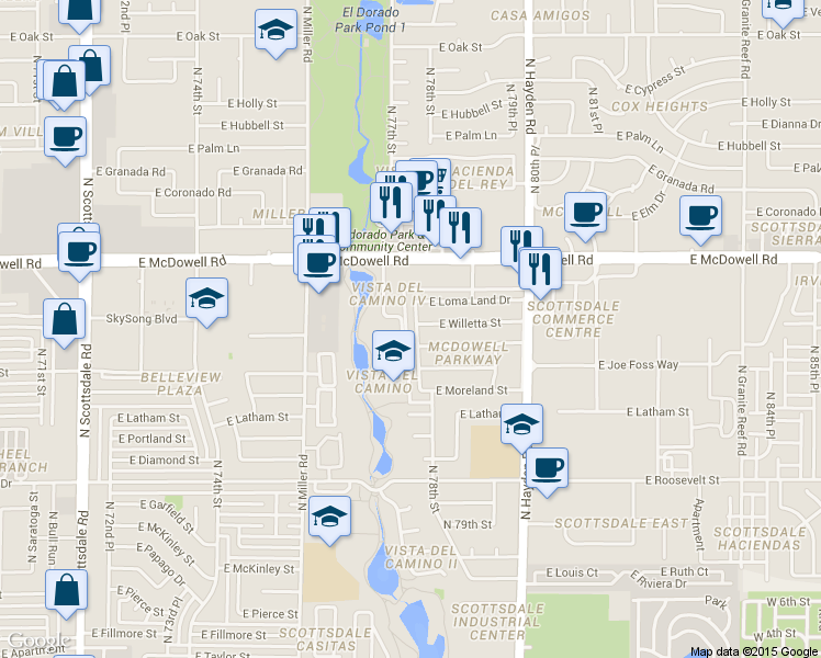 map of restaurants, bars, coffee shops, grocery stores, and more near 1262 North 78th Street in Scottsdale