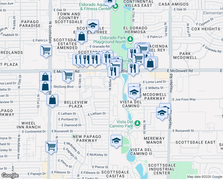 map of restaurants, bars, coffee shops, grocery stores, and more near 1400 North Miller Road in Scottsdale