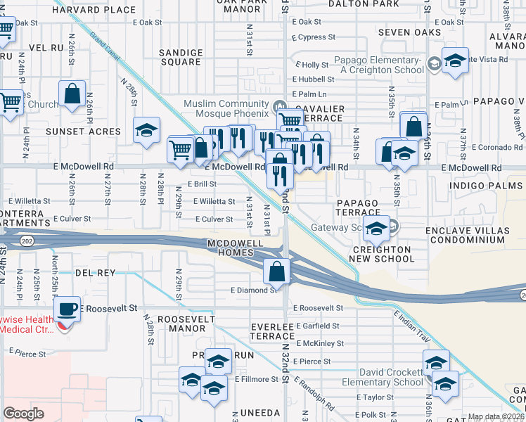 map of restaurants, bars, coffee shops, grocery stores, and more near 1411 North 31st Place in Phoenix