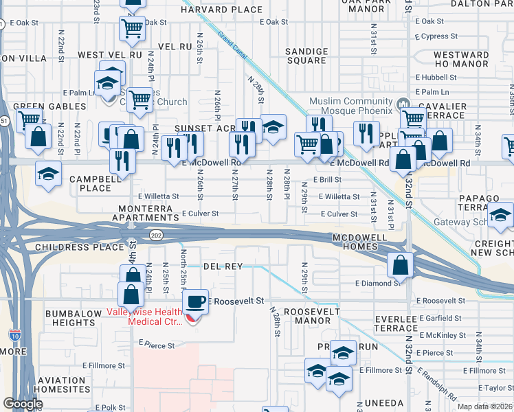 map of restaurants, bars, coffee shops, grocery stores, and more near 2709 East Willetta Street in Phoenix
