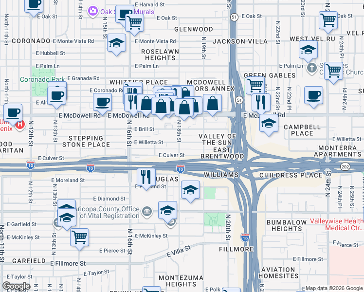map of restaurants, bars, coffee shops, grocery stores, and more near 1817 East Willetta Street in Phoenix