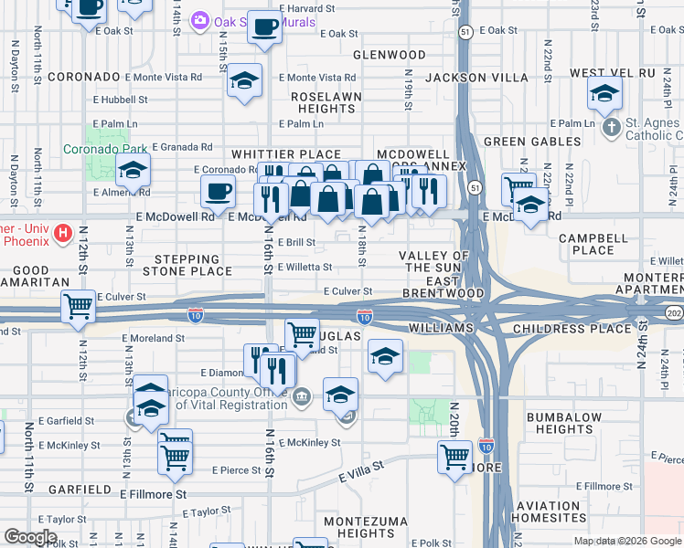 map of restaurants, bars, coffee shops, grocery stores, and more near 1733 East Willetta Street in Phoenix