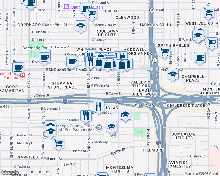 map of restaurants, bars, coffee shops, grocery stores, and more near 1733 East Willetta Street in Phoenix