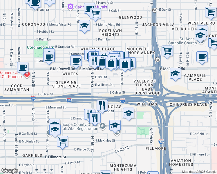 map of restaurants, bars, coffee shops, grocery stores, and more near 1645 East Willetta Street in Phoenix
