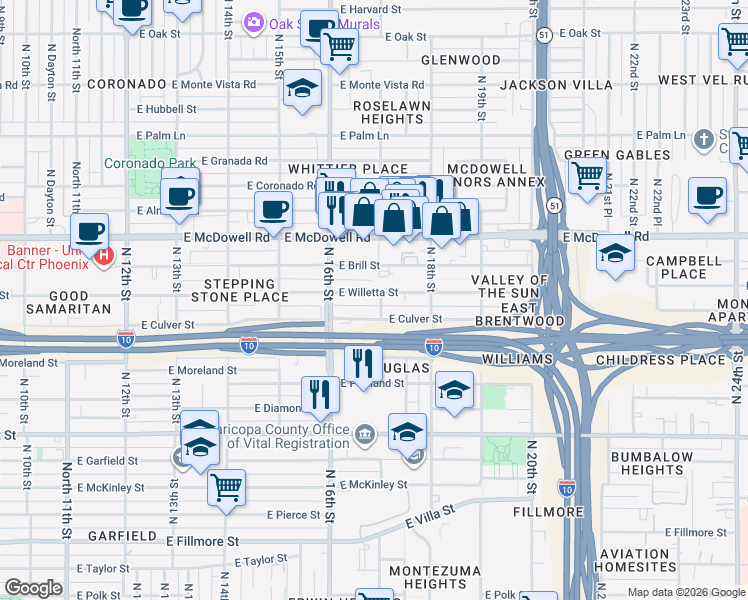 map of restaurants, bars, coffee shops, grocery stores, and more near 1645 East Willetta Street in Phoenix