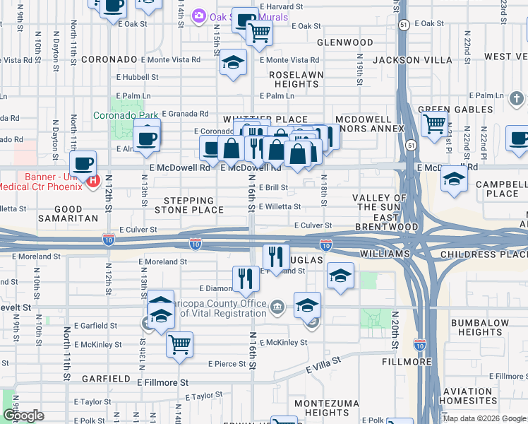 map of restaurants, bars, coffee shops, grocery stores, and more near 1613 East Willetta Street in Phoenix