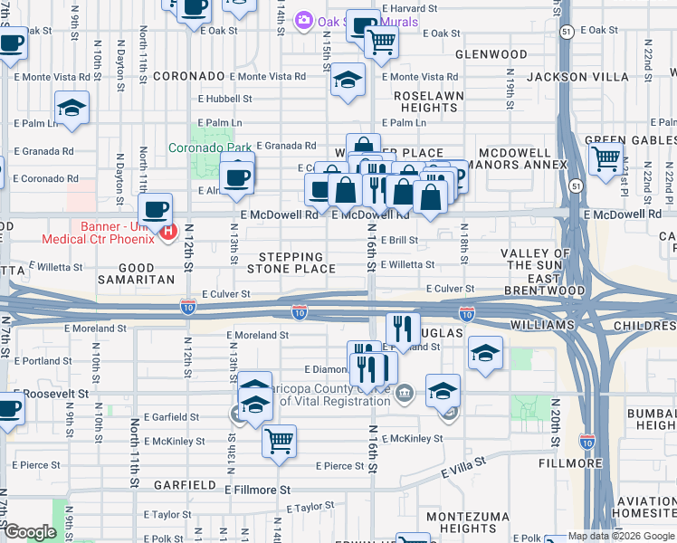 map of restaurants, bars, coffee shops, grocery stores, and more near 1320 North 15th Street in Phoenix