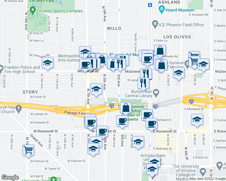 map of restaurants, bars, coffee shops, grocery stores, and more near 303 West Willetta Street in Phoenix