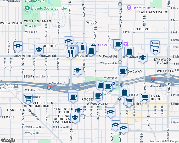 map of restaurants, bars, coffee shops, grocery stores, and more near 345 West Willetta Street in Phoenix