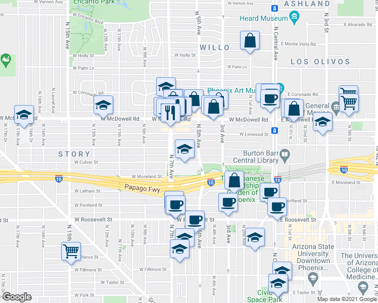 map of restaurants, bars, coffee shops, grocery stores, and more near 523 West Willetta Street in Phoenix