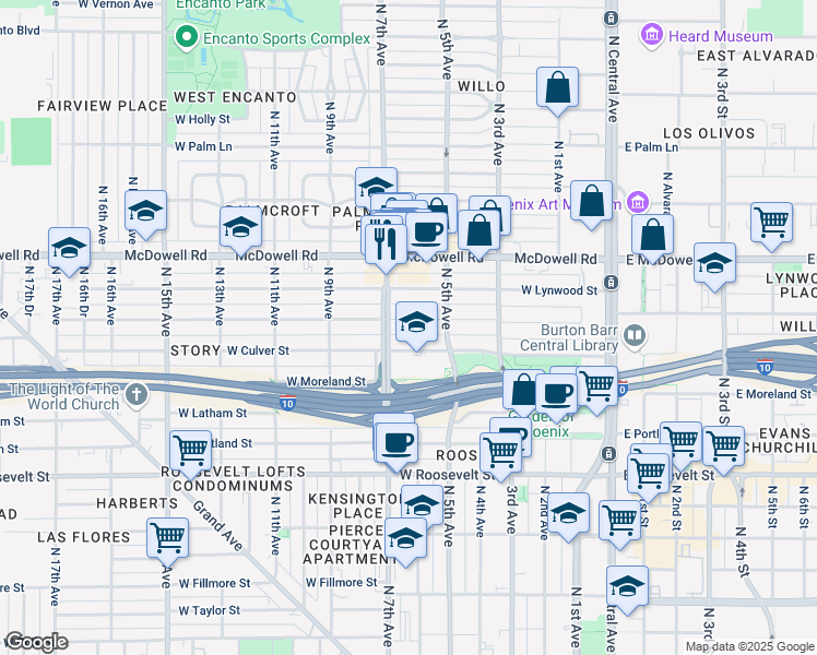 map of restaurants, bars, coffee shops, grocery stores, and more near 523 West Willetta Street in Phoenix