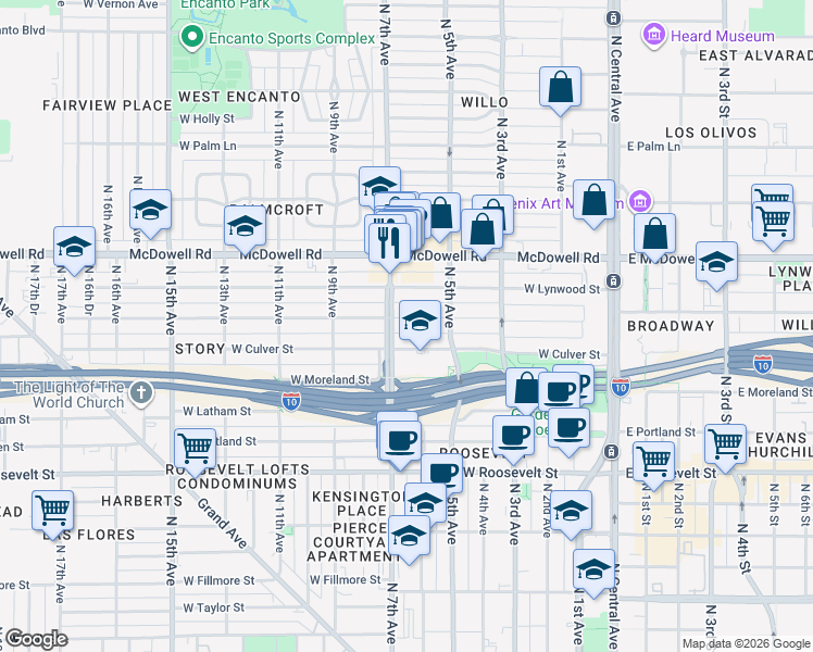 map of restaurants, bars, coffee shops, grocery stores, and more near 523 West Willetta Street in Phoenix