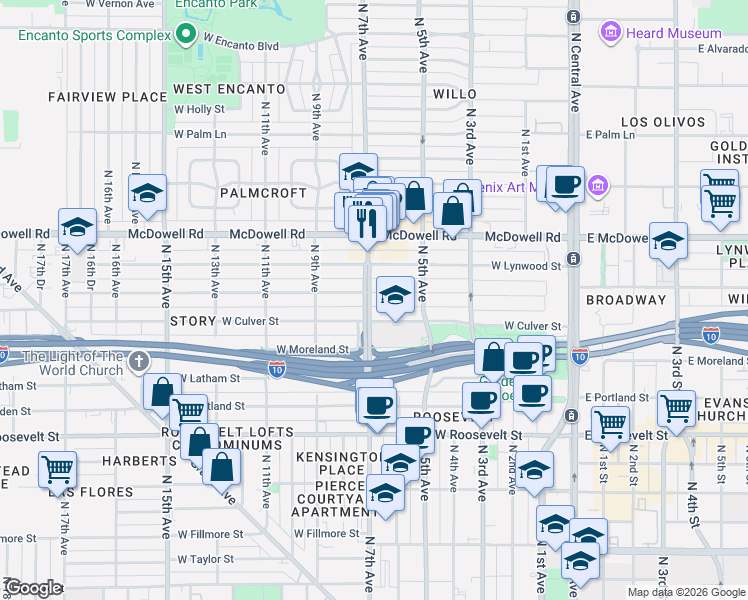 map of restaurants, bars, coffee shops, grocery stores, and more near in Phoenix
