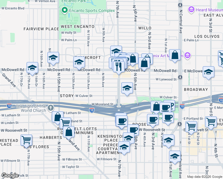 map of restaurants, bars, coffee shops, grocery stores, and more near 707 West Willetta Street in Phoenix