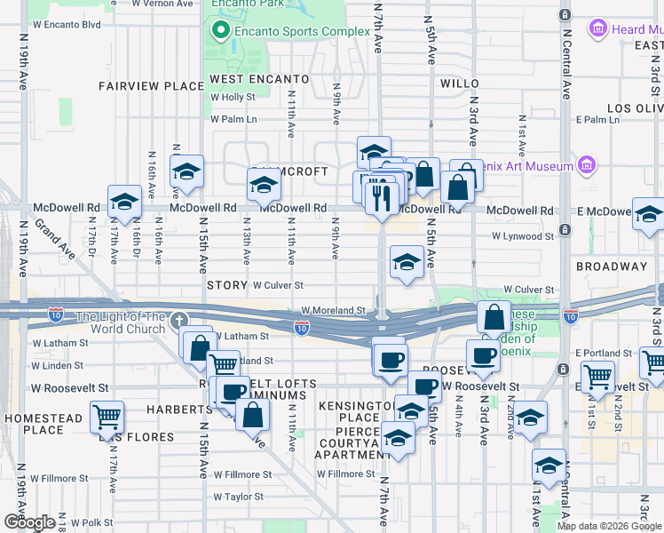 map of restaurants, bars, coffee shops, grocery stores, and more near 733 West Willetta Street in Phoenix