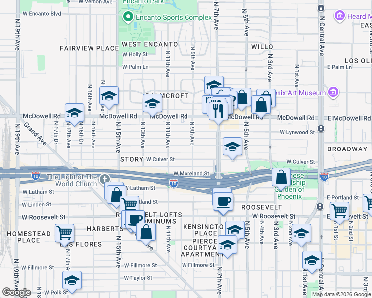 map of restaurants, bars, coffee shops, grocery stores, and more near 917 West Willetta Street in Phoenix