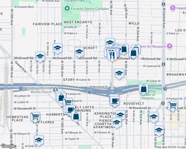 map of restaurants, bars, coffee shops, grocery stores, and more near 917 West Willetta Street in Phoenix
