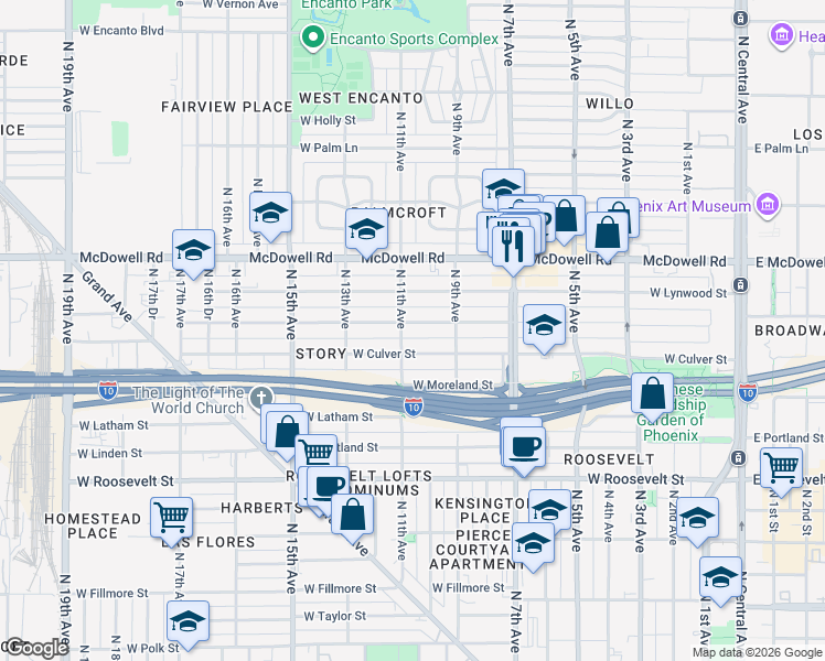 map of restaurants, bars, coffee shops, grocery stores, and more near 917 West Willetta Street in Phoenix