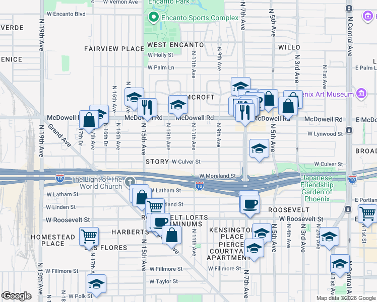 map of restaurants, bars, coffee shops, grocery stores, and more near 1109 West Willetta Street in Phoenix