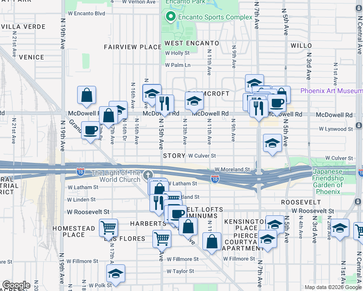 map of restaurants, bars, coffee shops, grocery stores, and more near 1145 West Willetta Street in Phoenix