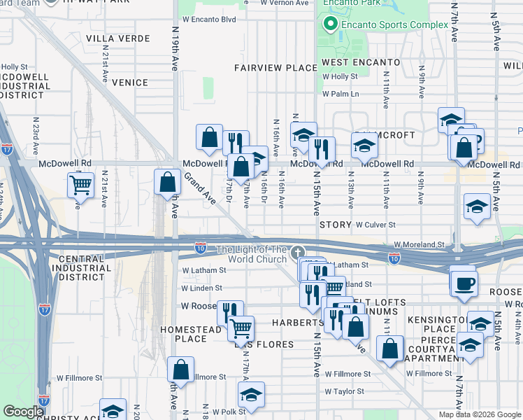 map of restaurants, bars, coffee shops, grocery stores, and more near 1637 West Willetta Street in Phoenix