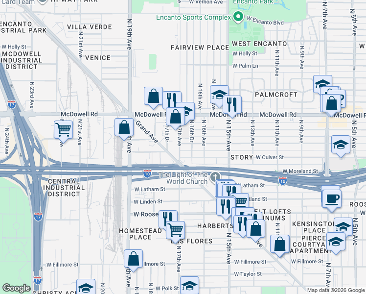 map of restaurants, bars, coffee shops, grocery stores, and more near 1637 West Willetta Street in Phoenix