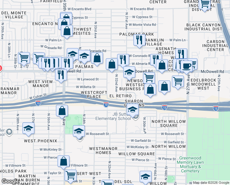 map of restaurants, bars, coffee shops, grocery stores, and more near 1315 North 33rd Avenue in Phoenix