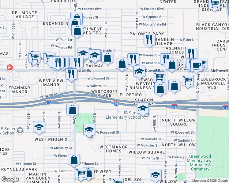 map of restaurants, bars, coffee shops, grocery stores, and more near 3318 West Culver Street in Phoenix