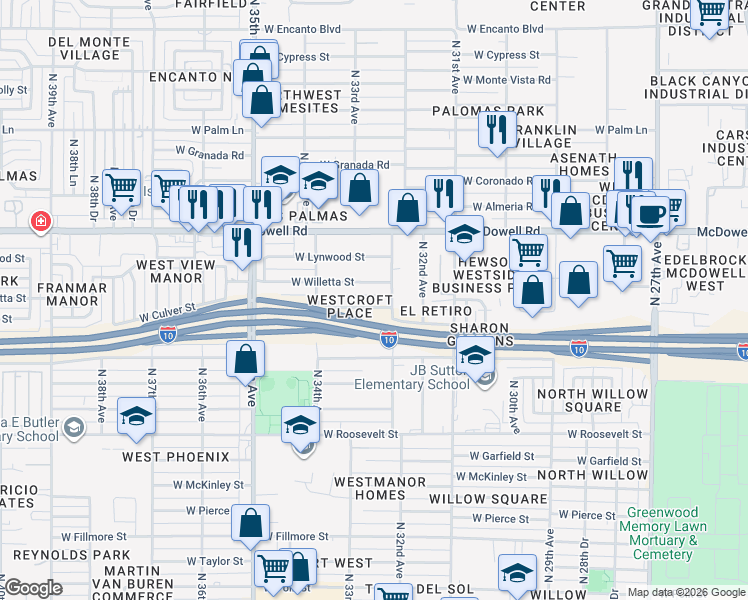 map of restaurants, bars, coffee shops, grocery stores, and more near 3318 West Culver Street in Phoenix