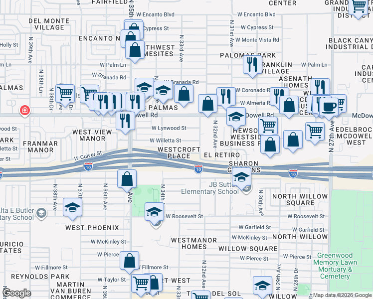 map of restaurants, bars, coffee shops, grocery stores, and more near 3318 West Culver Street in Phoenix