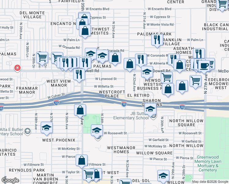map of restaurants, bars, coffee shops, grocery stores, and more near 3318 West Culver Street in Phoenix