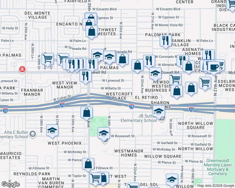 map of restaurants, bars, coffee shops, grocery stores, and more near 3352 West Culver Street in Phoenix