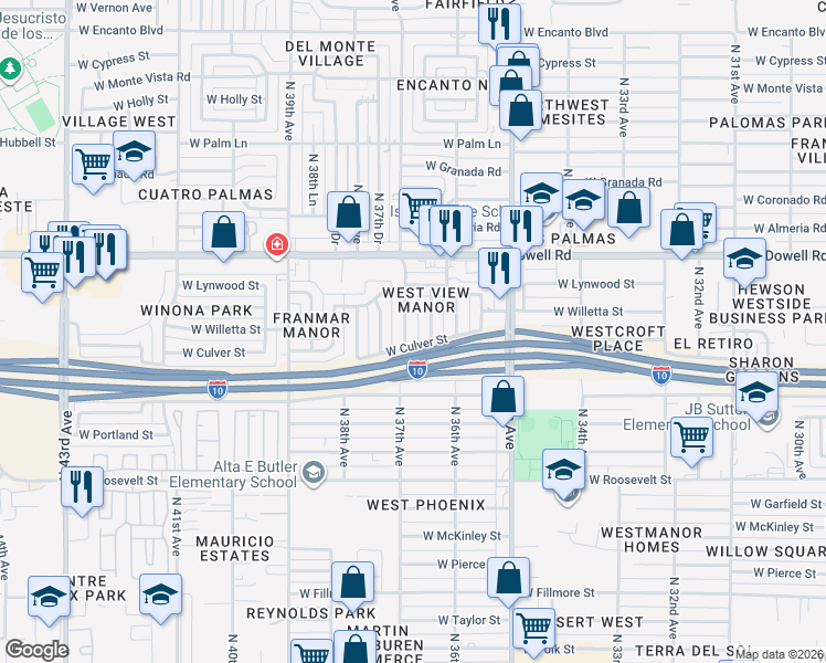 map of restaurants, bars, coffee shops, grocery stores, and more near 1329 North 37th Avenue in Phoenix
