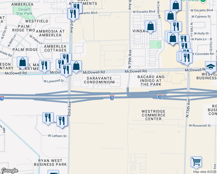 map of restaurants, bars, coffee shops, grocery stores, and more near 1414 North 80th Lane in Phoenix