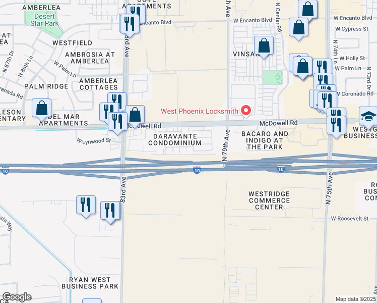 map of restaurants, bars, coffee shops, grocery stores, and more near 1414 North 80th Lane in Phoenix