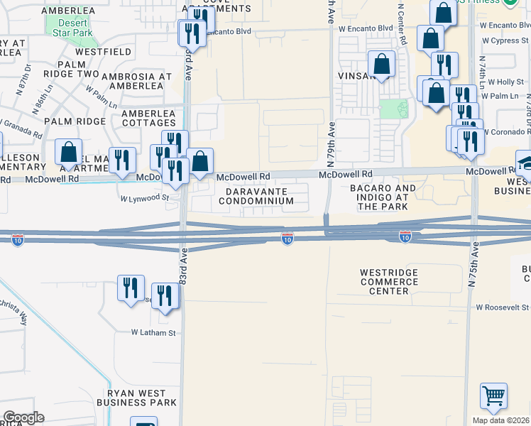 map of restaurants, bars, coffee shops, grocery stores, and more near 1414 North 80th Lane in Phoenix