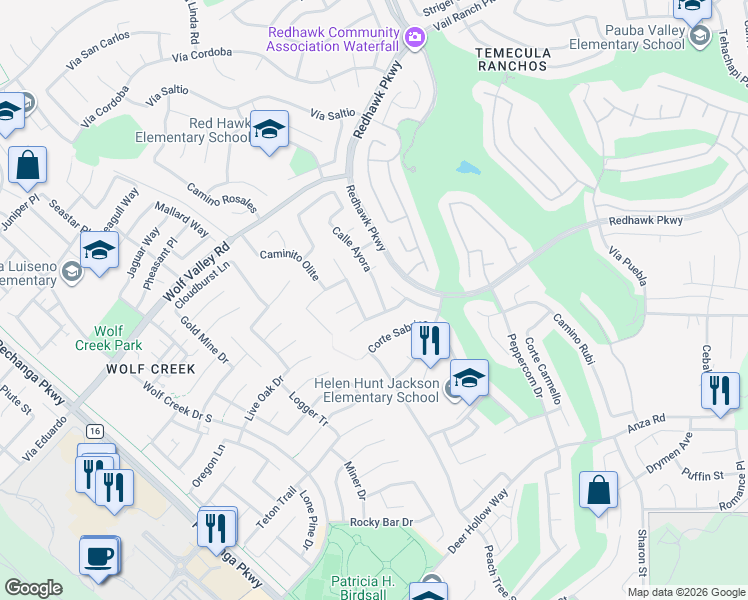 map of restaurants, bars, coffee shops, grocery stores, and more near 45743 Calle Ayora in Temecula