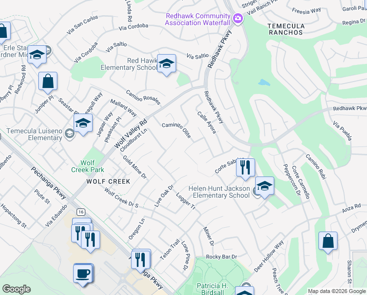 map of restaurants, bars, coffee shops, grocery stores, and more near 32143 Paseo San Esteban in Temecula