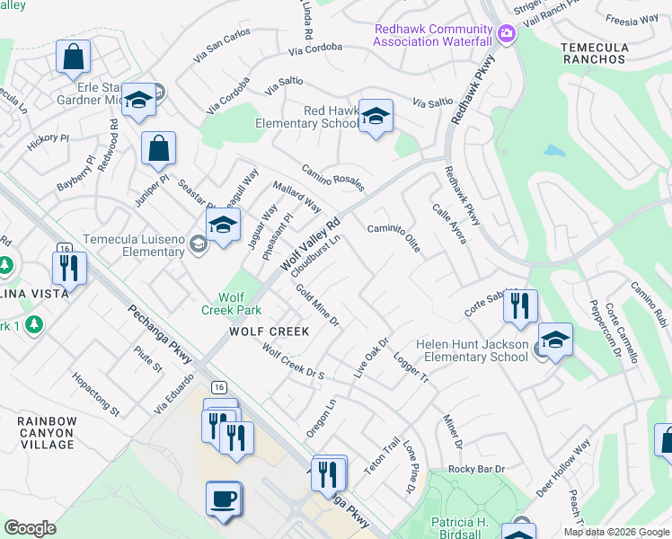 map of restaurants, bars, coffee shops, grocery stores, and more near 32022 Lodge House Court in Temecula