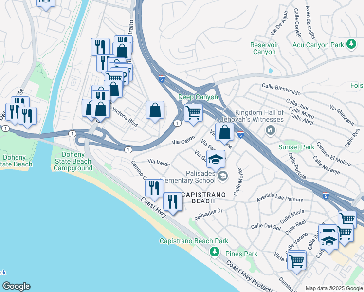 map of restaurants, bars, coffee shops, grocery stores, and more near 26331 Via California in Dana Point