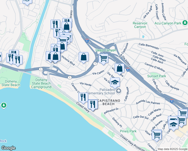 map of restaurants, bars, coffee shops, grocery stores, and more near 26246 Via Canon in Dana Point