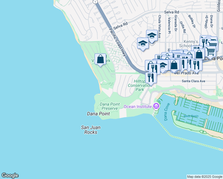 map of restaurants, bars, coffee shops, grocery stores, and more near 17 Shoreline Drive in Dana Point