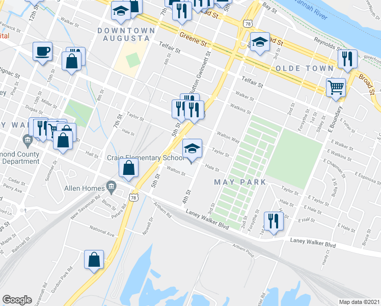 map of restaurants, bars, coffee shops, grocery stores, and more near 405 Hale Street in Augusta