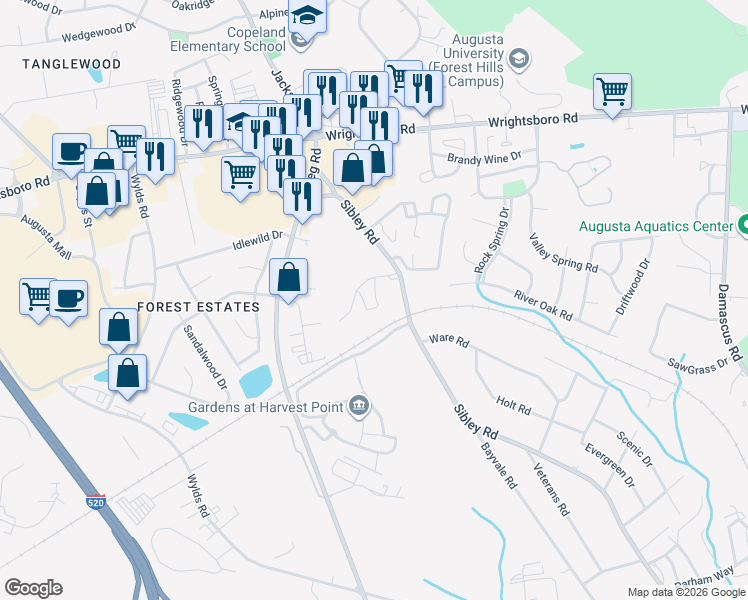 map of restaurants, bars, coffee shops, grocery stores, and more near 2719 Woodcrest Drive in Augusta