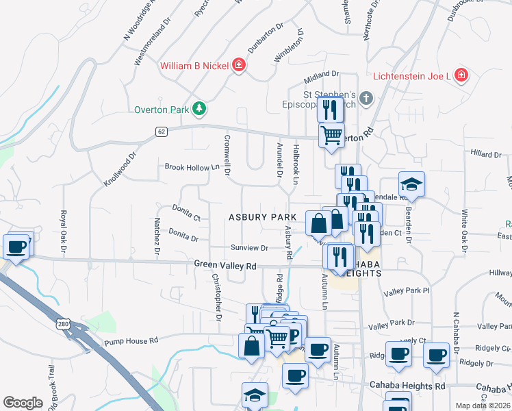 map of restaurants, bars, coffee shops, grocery stores, and more near 3009 Asbury Park Place in Vestavia Hills