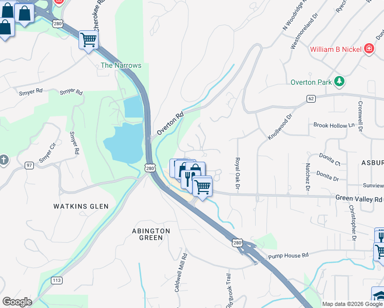 map of restaurants, bars, coffee shops, grocery stores, and more near 200 Heatherstone Lane in Birmingham