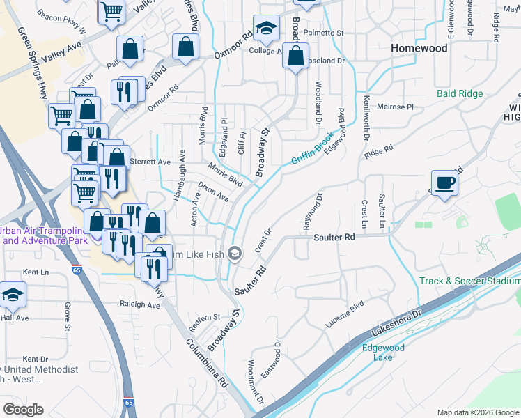 map of restaurants, bars, coffee shops, grocery stores, and more near 570 South Forrest Drive in Birmingham
