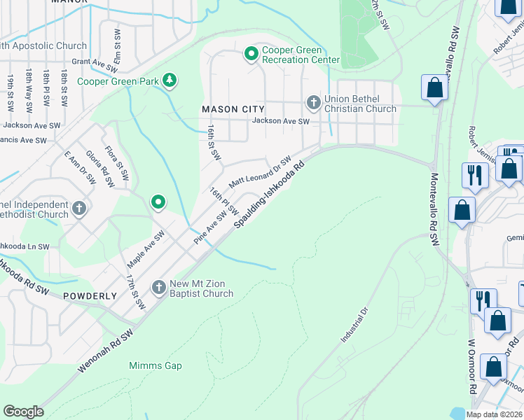 map of restaurants, bars, coffee shops, grocery stores, and more near 1529 Spaulding-Ishkooda Road in Birmingham