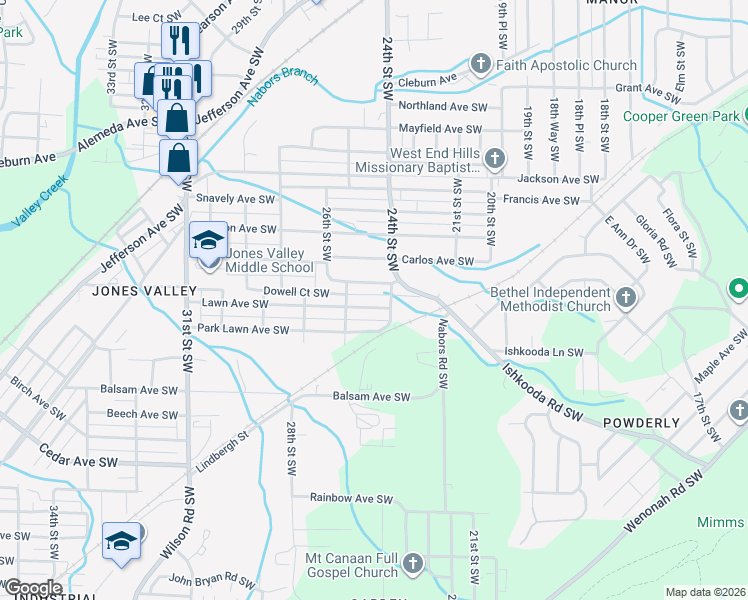 map of restaurants, bars, coffee shops, grocery stores, and more near 2428 Lawn Avenue Southwest in Birmingham