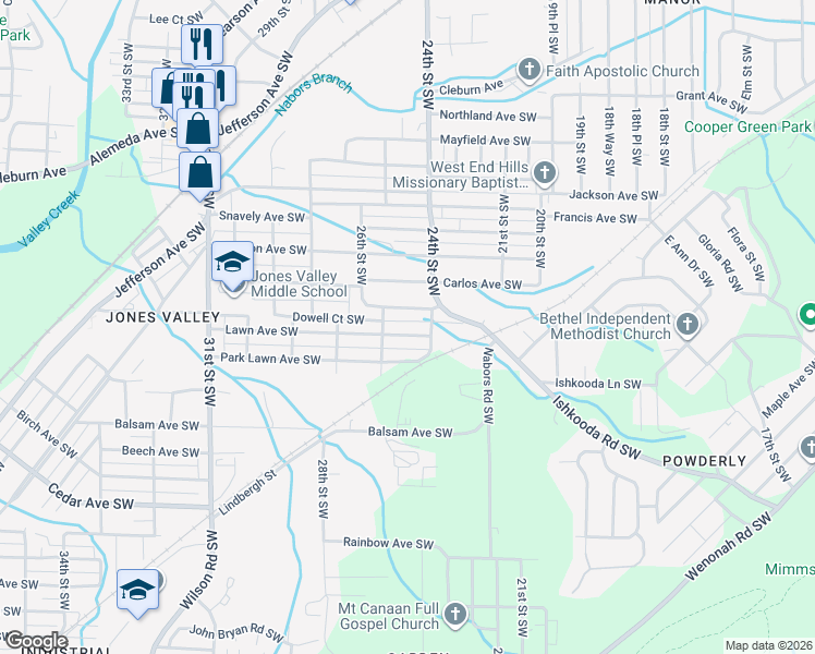 map of restaurants, bars, coffee shops, grocery stores, and more near 2428 Lawn Avenue Southwest in Birmingham